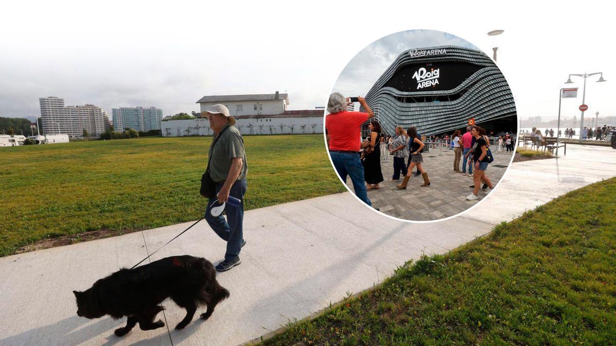 La finca donde está proyectado el auditorio, junto a la playa verde Luis Enrique Martínez, en El Rinconín. En el círculo, el exterior del pabellón Roig Arena de Valencia.