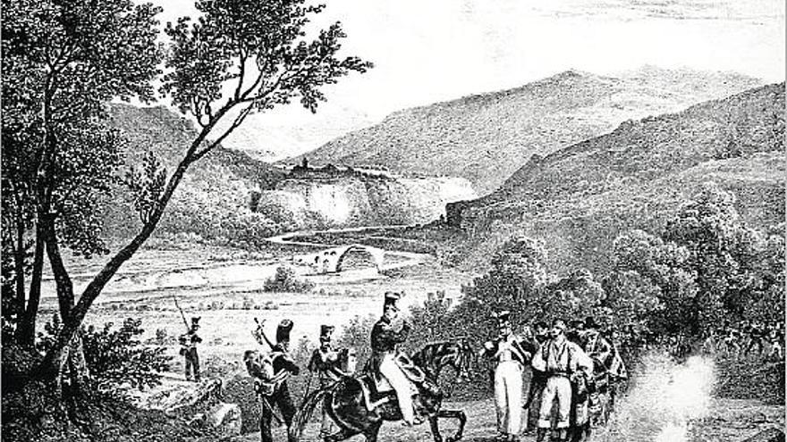 Vista militar de la vall del Fluvià, amb Castellfollit de la Roca al fons, segons un gravat parisenc que recrea les condicions de la guerra al camp.