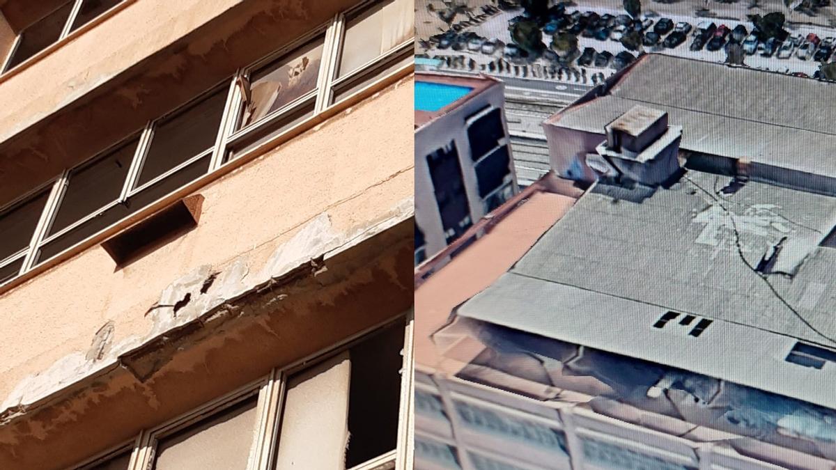 A la derecha, detalle de la fachada de La Mobba. A la izquierda, vista aérea del tejado de la antigua fábrica, con la cubierta de fibrocemento agujerada.