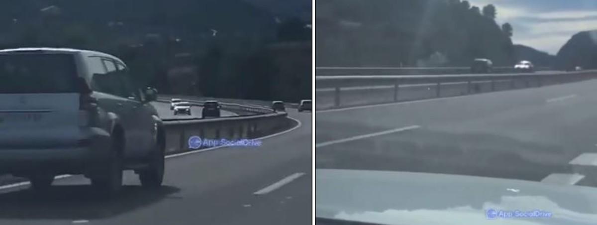 Dos momentos del vídeo que muestra al vehículo en sentido contrario en la AP-7