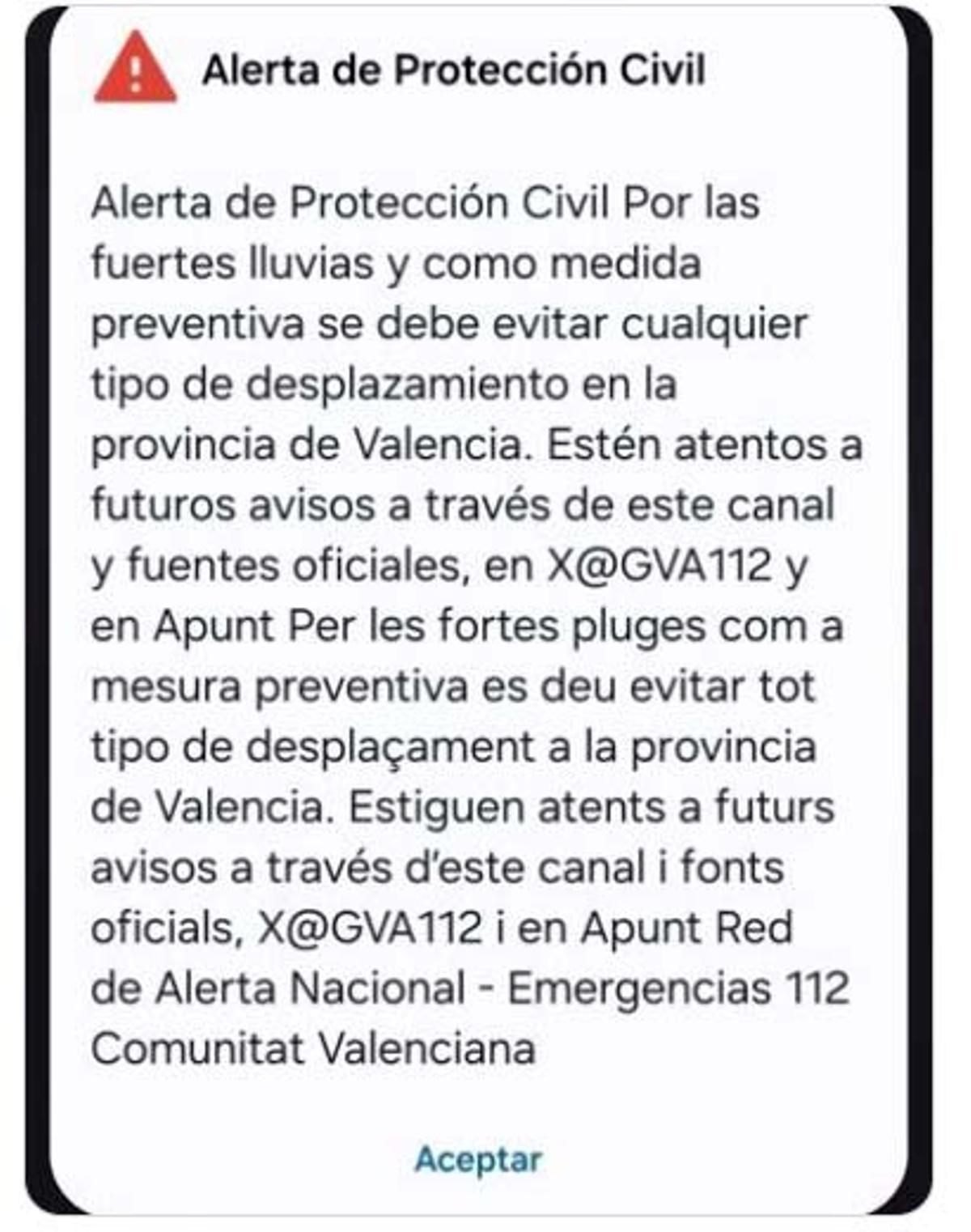 ES-Alert que se mandó el 29 de octubre, que se pudo enviar horas antes de que comenzara la catástrofe.