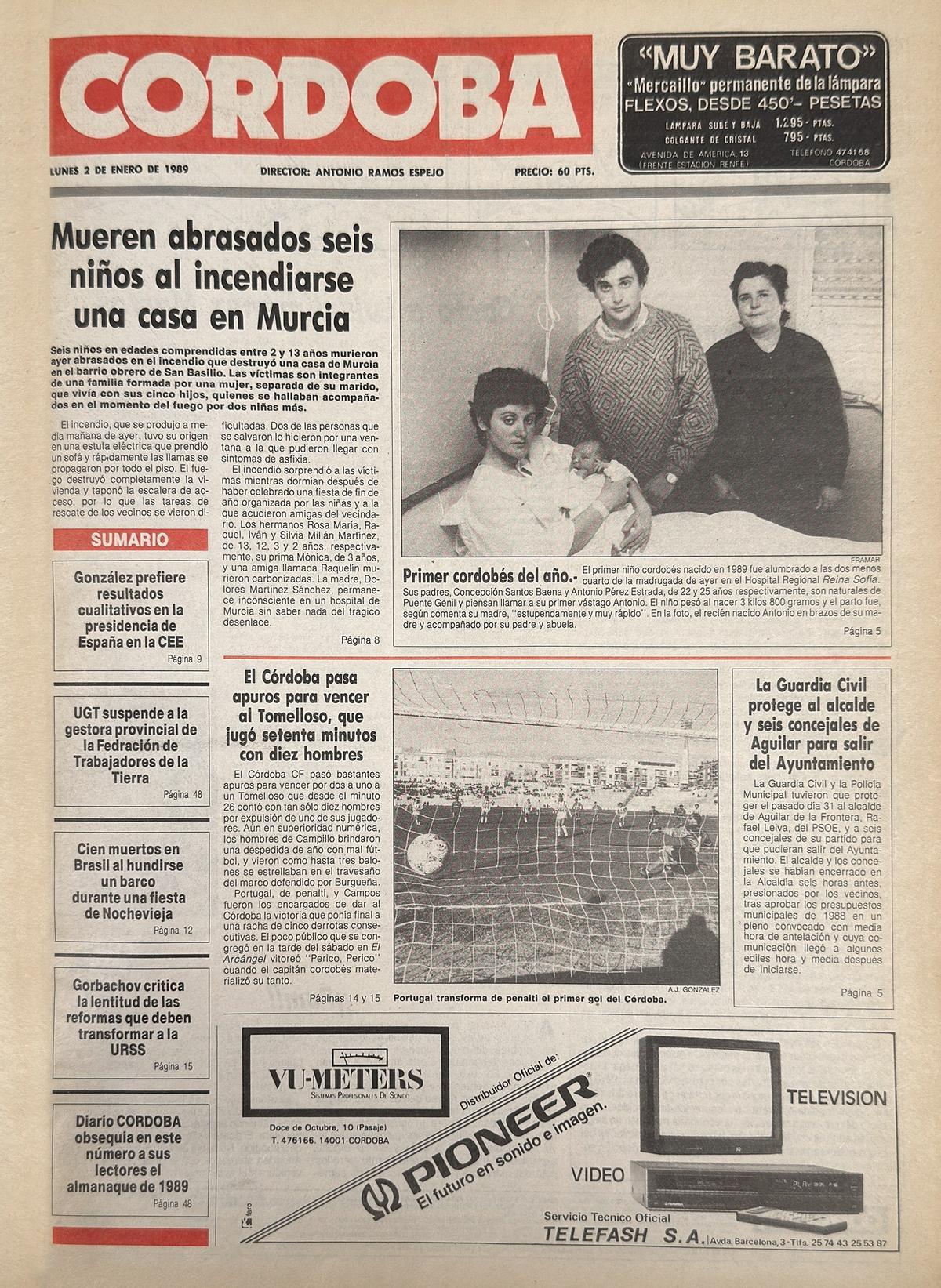 Portada de CÓRDOBA, el 2 de enero de 1989. Triunfo del Córdoba ante el Tomelloso y primer cordobés del año.