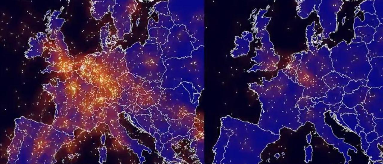 Captura del vídeo realizado por Eurocontrol que refleja el descenso de aviones por el coronavirus. // Eurocontrol