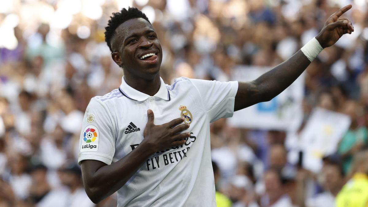 Vinicius celebra su gol al Mallorca, el que supuso el 2-1.