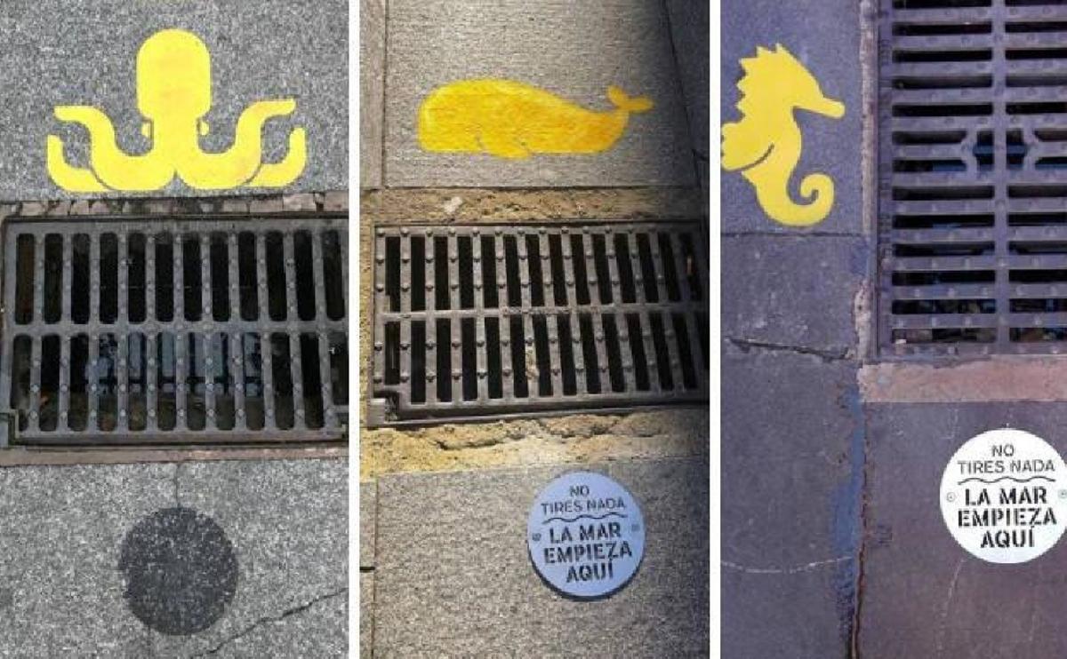 Ejemplos de pintadas y placas de la campaña "El mar empieza aquí" en la ciudad de Gijón.