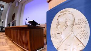 La insígnia dels premis Nobel, a la sala de premsa on s’anuncien els guanyadors.
