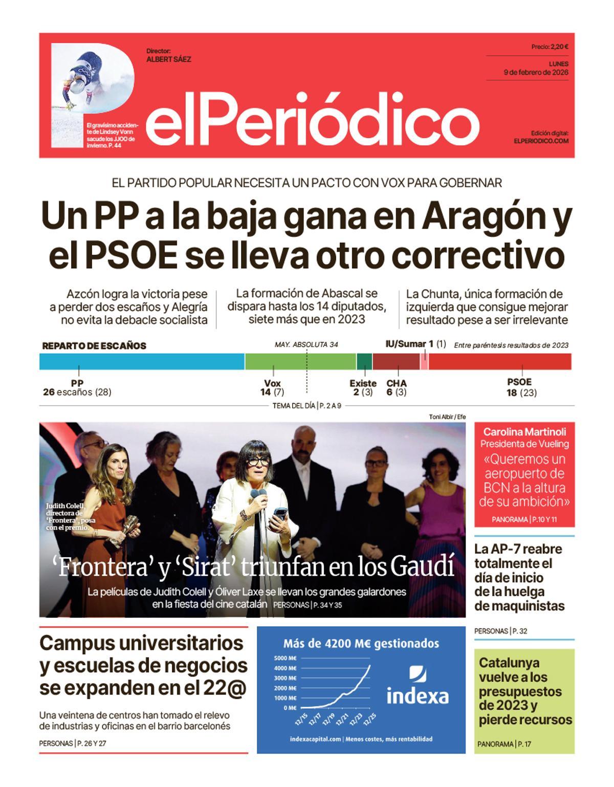 La portada de EL PERIÓDICO del 9 de febrero de 2026