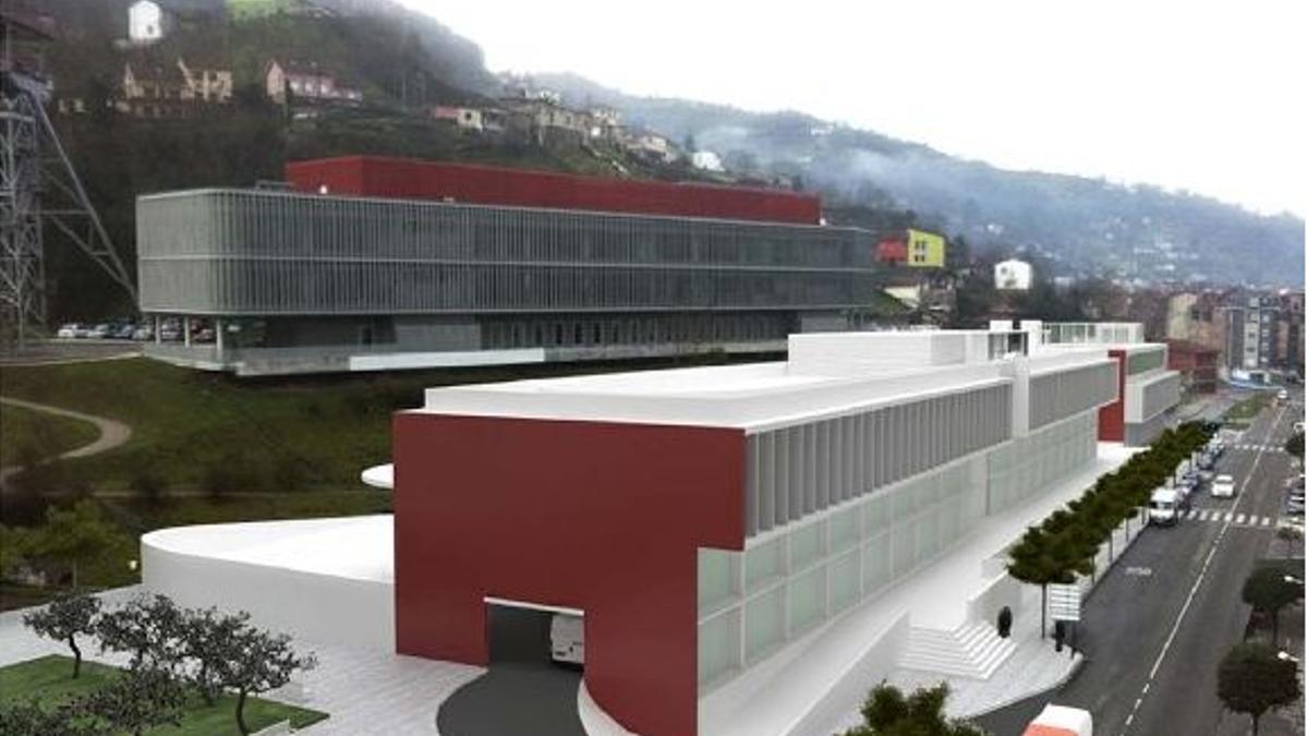 Recreación virtual del futuro centro tecnológico, en primer término, con el actual edificio TIC y el castillete del pozo Entrego al fondo.