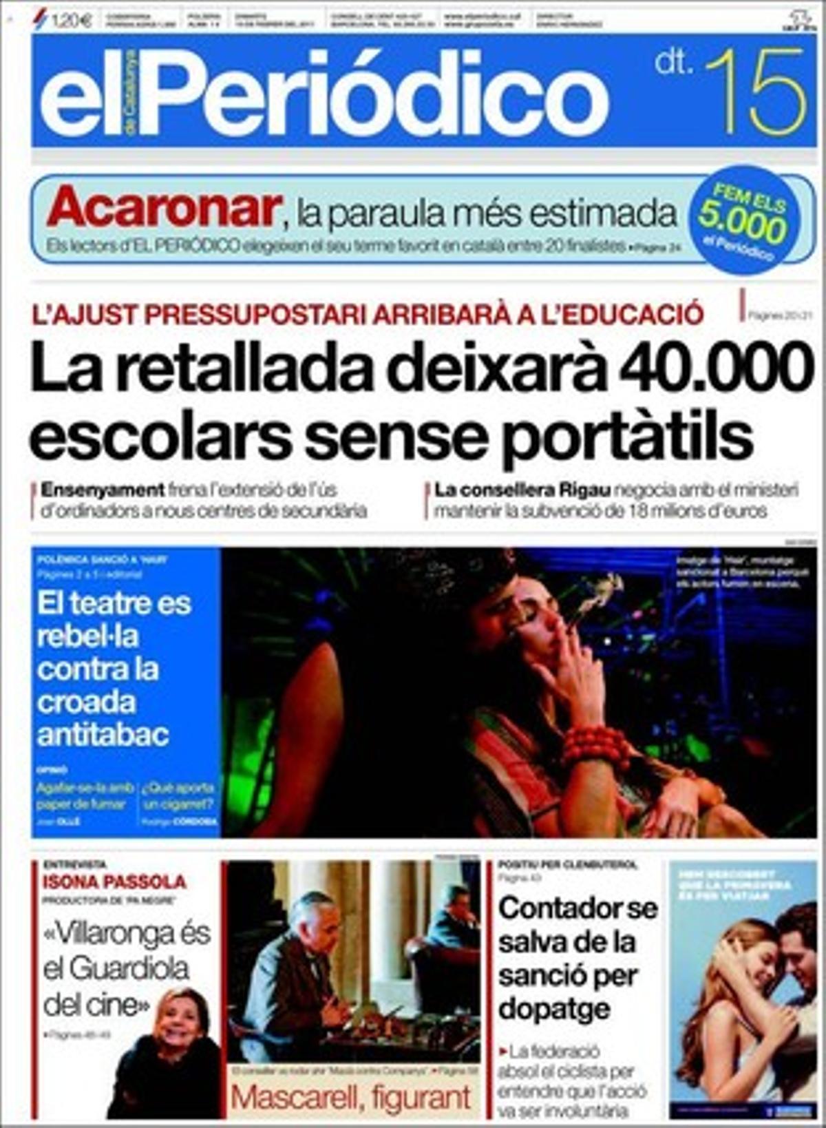 EL PERIÓDICO també ressalta que el PSC alerta CiU que perilla el seu suport al pressupost de la Generalitat del 2011 si el Govern de Mas insisteix a endossar-los la responsabilitat de la tisorada social, i que Camps irrita Rajoy amb un nou intent de forçar la seva candidatura. També que els conductors reben amb satisfacció la fi de la limitació dels 80 km/h, i que Rodalies obre la nova estació de la Sagrera. Així com que les companyies telefòniques europees fan front comú i es reuneixen amb l’eurocomissària Neelie Kroes al Mobile World Congress de Barcelona perquè Google financi les xarxes, que el fons de rescat de la zona euro tindrà 500.000 milions, i que el Govern espanyol insisteix a buscar el suport de CiU i PP per al seu decret de reforma de les caixes.