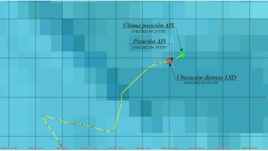 Última posición AIS y posición de la emisión de la LSD de distress.