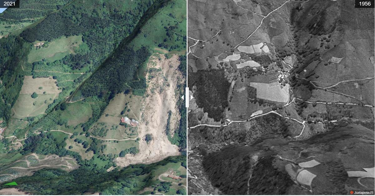 Recreación tridimensional del paisaje realizada mediante GIS en el área afectada por el “Argayu de Candanal" a partir de fotografías aéreas de 1956 y 2021. Enlace: https://cdn.knightlab.com/libs/juxtapose/latest/embed/index.html?uid=da3af706-35f3-11ef-9396-d93975fe8866
