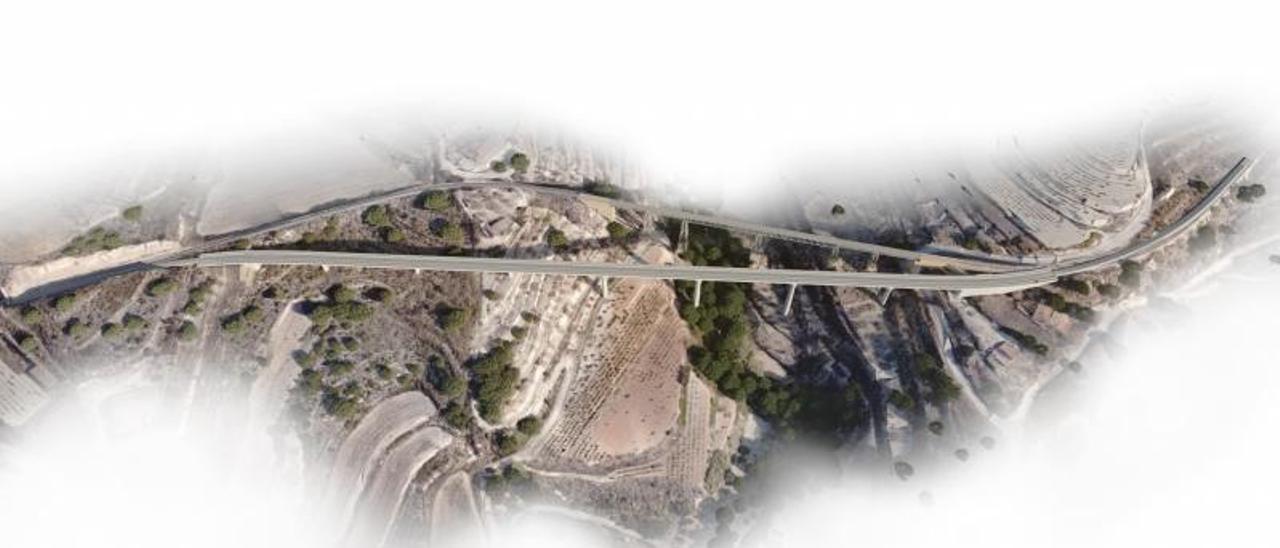 Recreación cenital del nuevo viaducto del tren de la Marina Alta, que superará el barranco del Quisi de Benissa