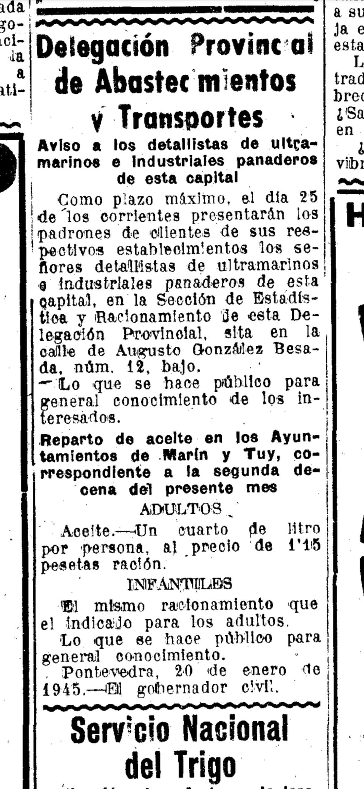 Cartilla de racionamiento publicada en Faro de Vigo en enero de 1945.
