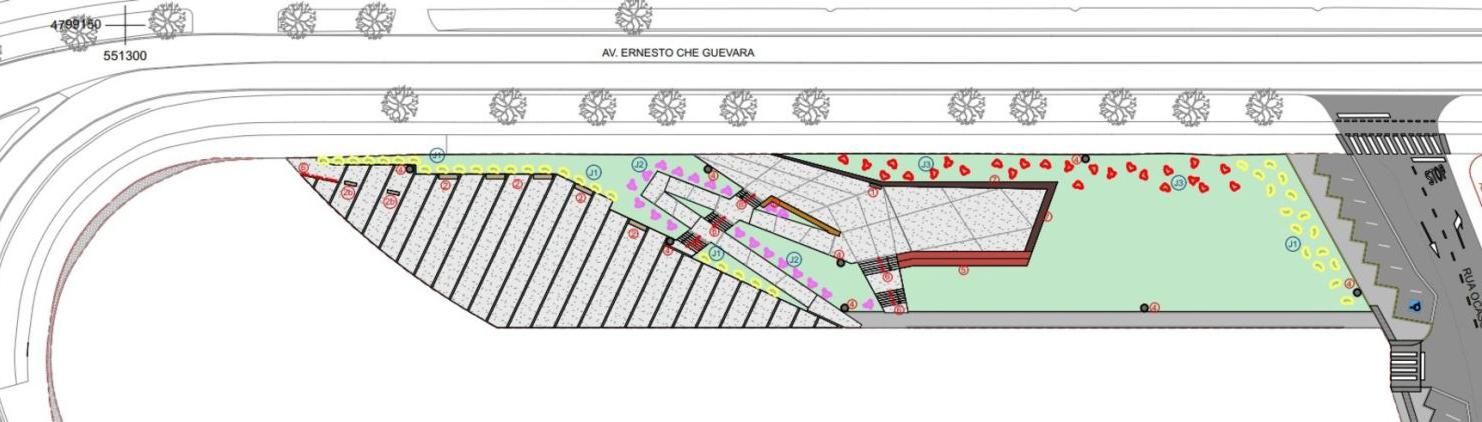 Plano con la zona verde, edificios, gradería y acceso por la rúa Ocaso (dcha) a este ámbito. | LOC