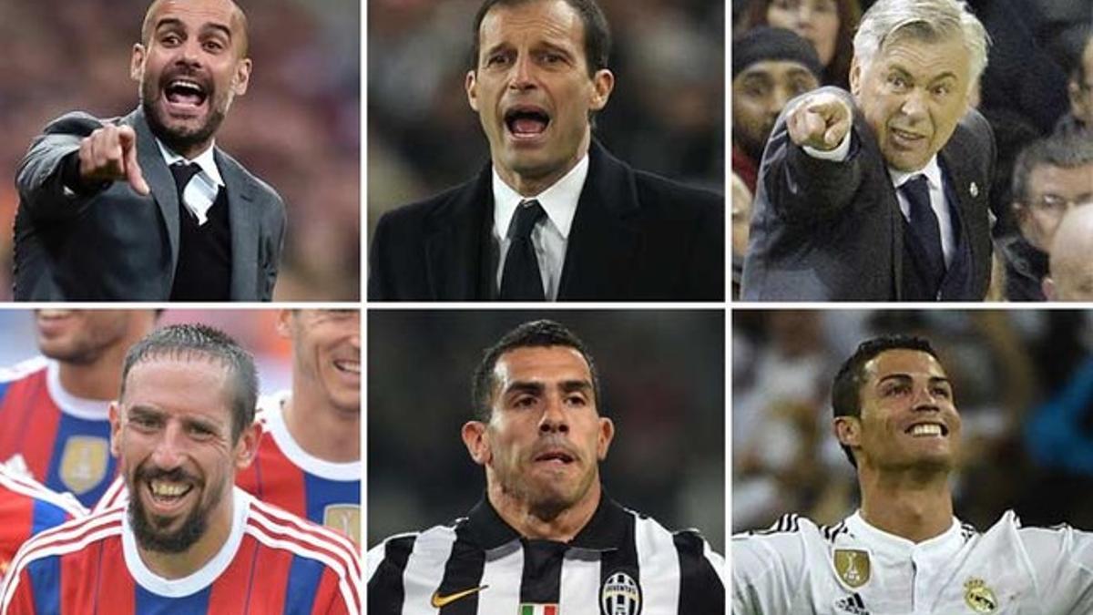 De izquierda a derecha y de arriba abajo: Josep Guardiola, Massimiliano Allegri, Carlo Ancelotti, Frank Ribéry, Carlos Tevez y Cristiano Ronaldo