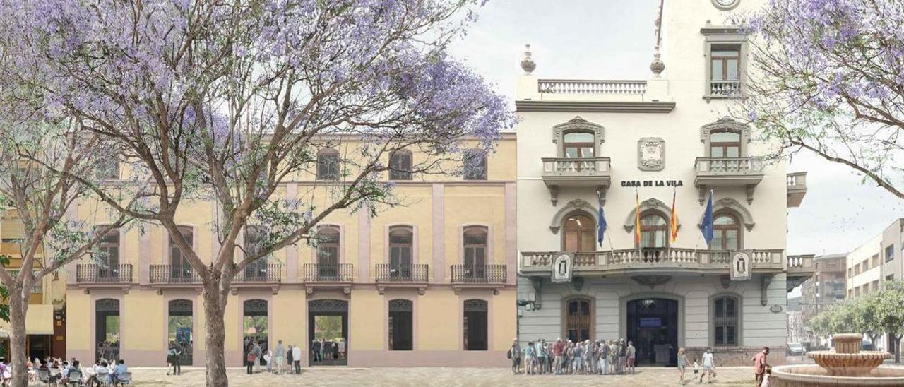 Infografía que detalla cómo quedaría la ampliación del ayuntamiento de la Vall d’Uixó, vista desde la plaça del Centre.