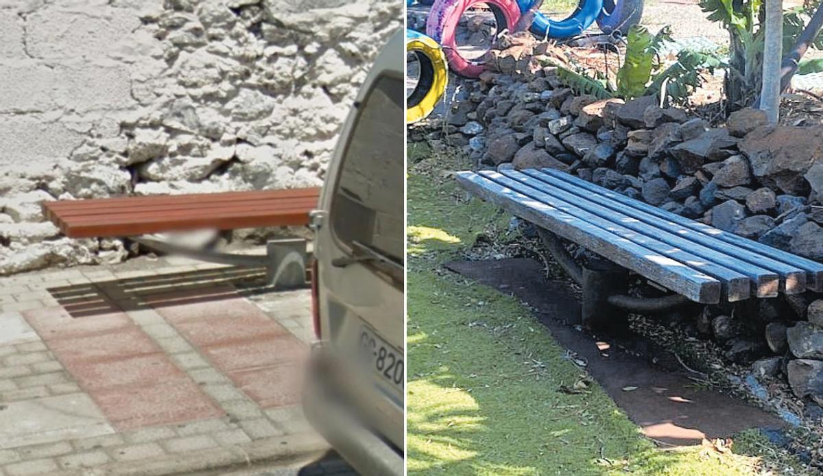 Un banco de madera en la finca particular del jefe de la Policía Local (derecha), como el usado en calles de Agaete (izquierda).