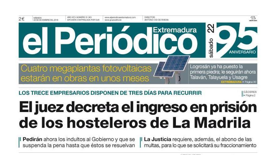 Esta es la portada de EL PERIÓDICO EXTREMADURA correspondiente al día 22 de diciembre del 2018