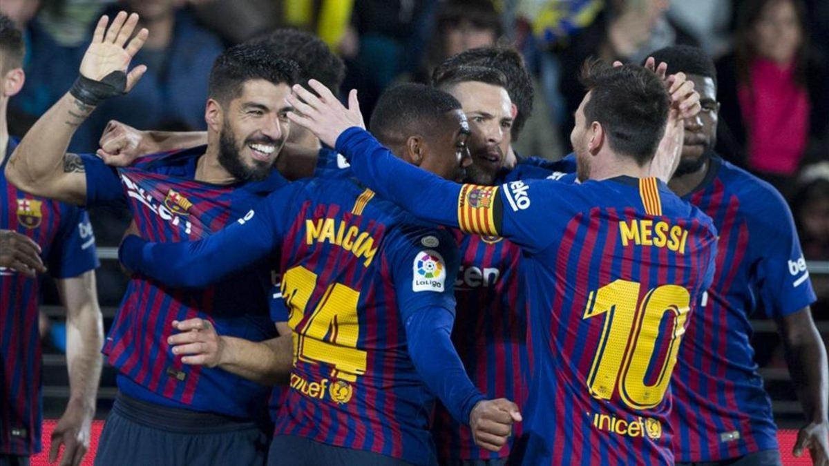 Los jugadores del Barça celebrando el gol del empate ante el Villarreal