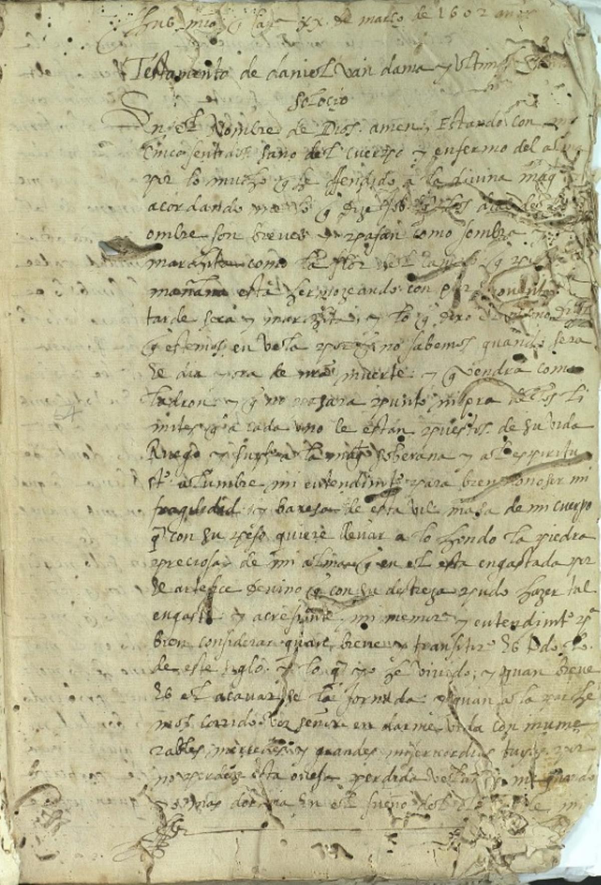 Primera página del testamento de Daniel Van Dama