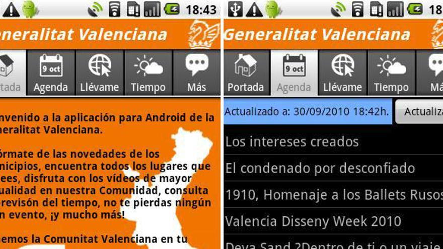 Dos capturas de la aplicación lanzada por Generalitat Valenciana en un dispositivo Android
