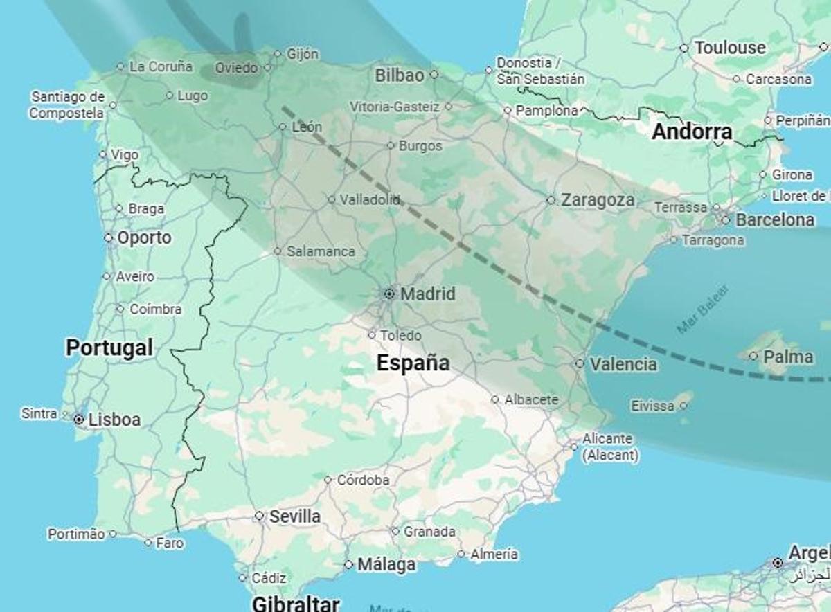 Mapa donde se verá el eclipse solar en España el 12 de agosto.