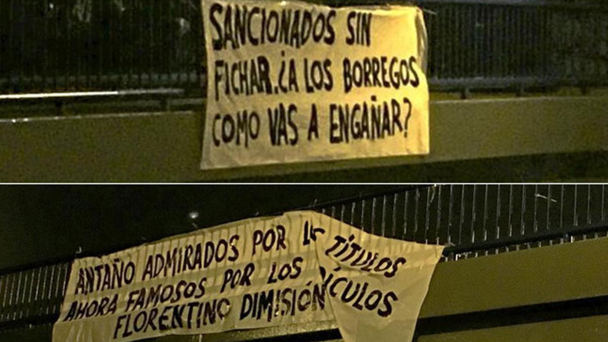 Pancartas contra Florentino Pérez en Madrid tras la sanción de la FIFA.