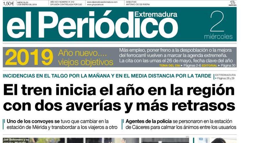 Esta es la portada de EL PERIÓDICO EXTREMADURA correspondiente al día 2 de enero del 2018