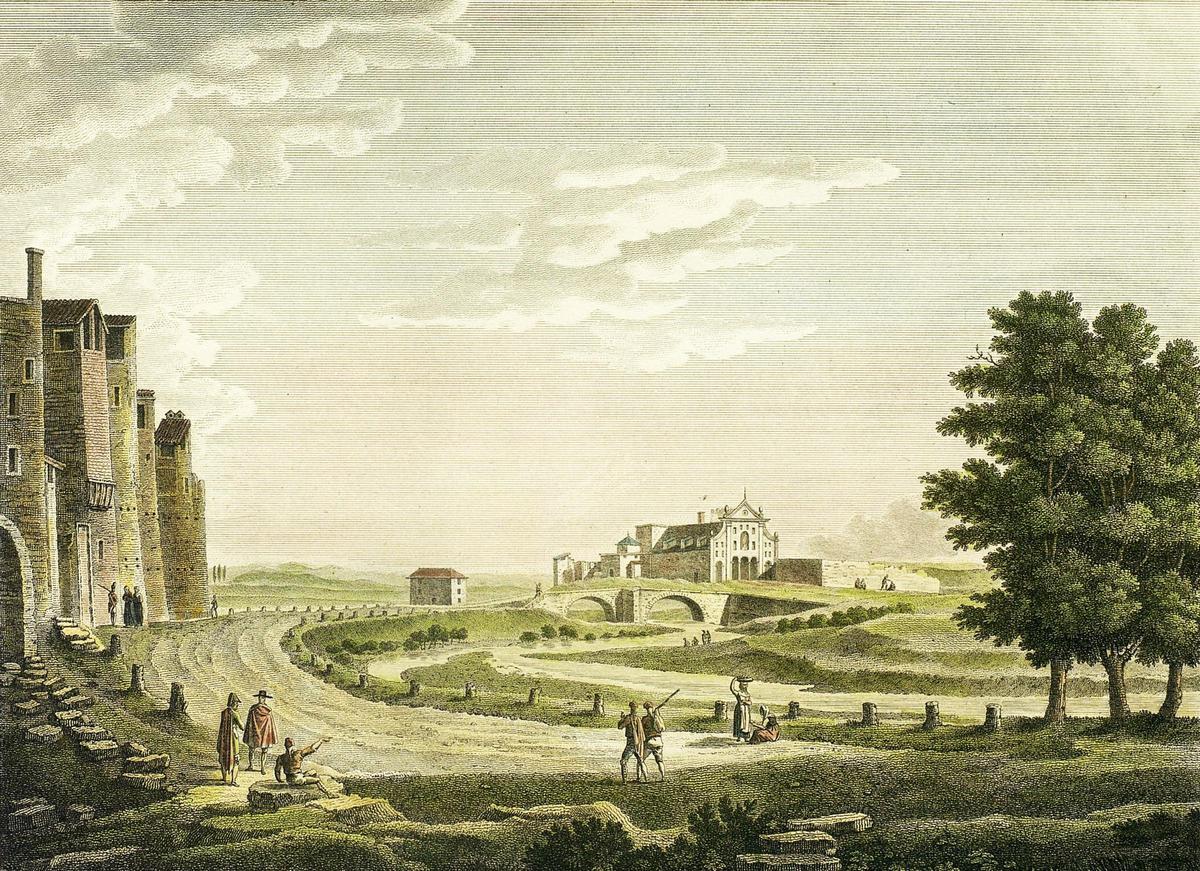 Dibujo del convento de San José, junto al puente homónimo y la puerta Quemada, del pintor francés Louis-François Lejeune (1806).