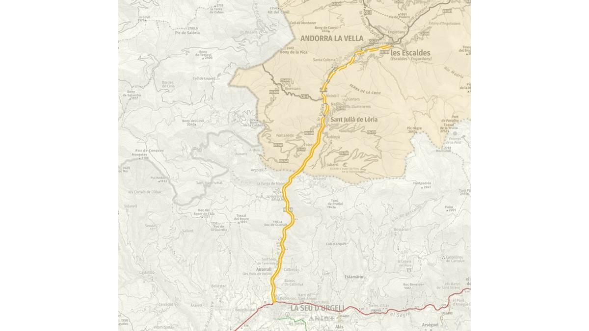 Mapa per on passaria el nou tramvia entre la Seu i Andorra