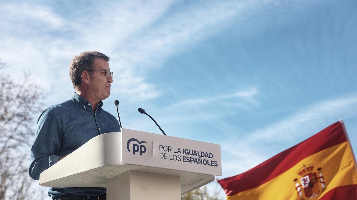 El presidente del Partido Popular, Alberto Núñez Feijóo, interviene durante una manifestación convocada por el PP, a 28 de enero de 2024, en Madrid (España).