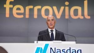 El presidente de Ferrovial, Rafael del Pino, en el acto de toque de campana en la Bolsa de Nueva York el pasado mes de mayo