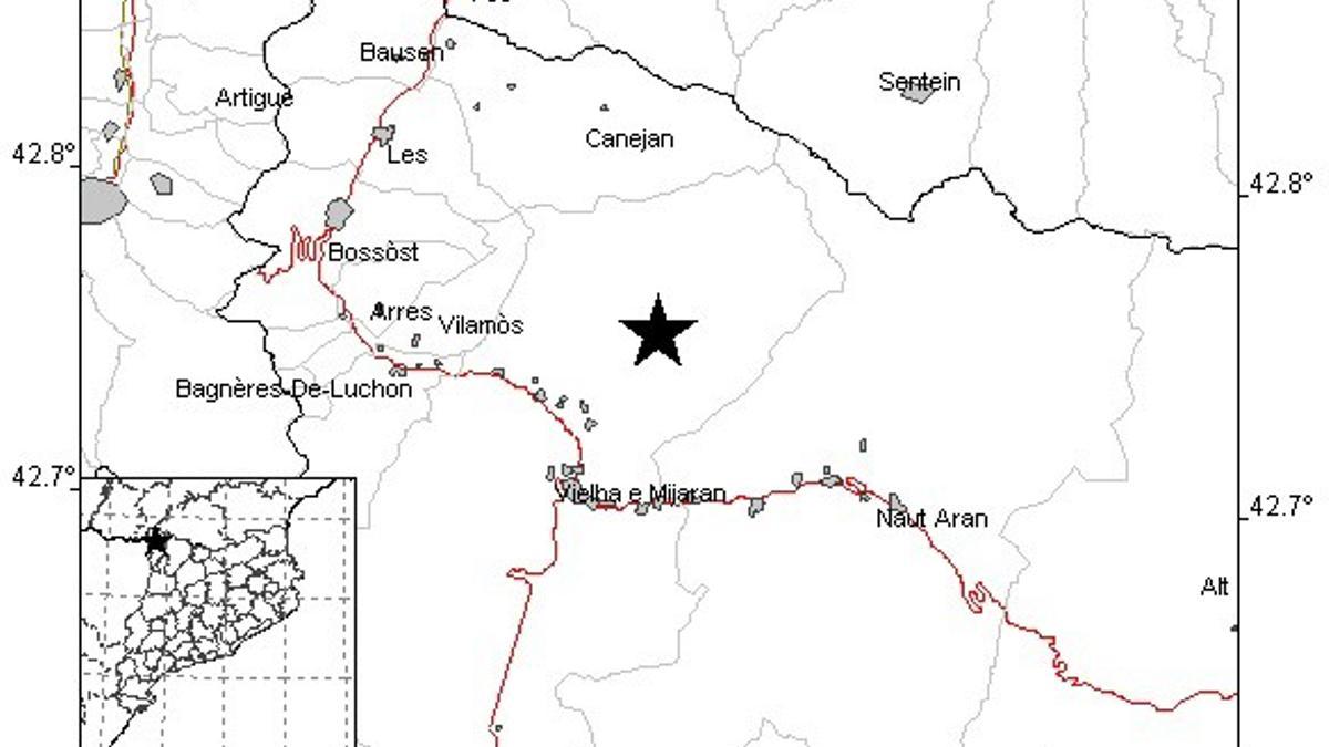 Mapa de la zona del sisme que ha sacsejat aquest dimecres la Vall d'Aran (Lleida)