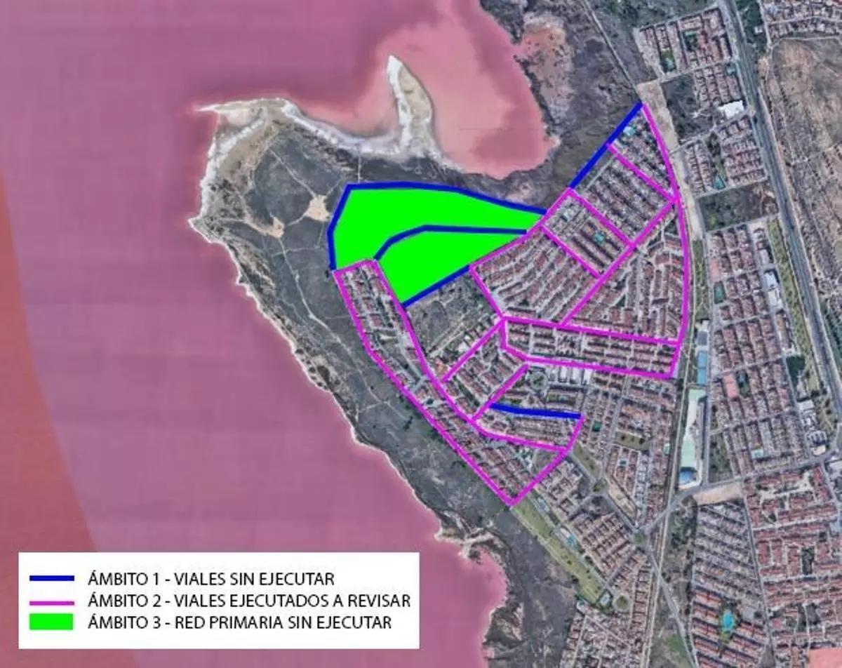 Ámbitos de actuación que contempla el proyecto. El más inmediato es el marcado en verde para llevar a cabo un parque sin abordar la reurbanización