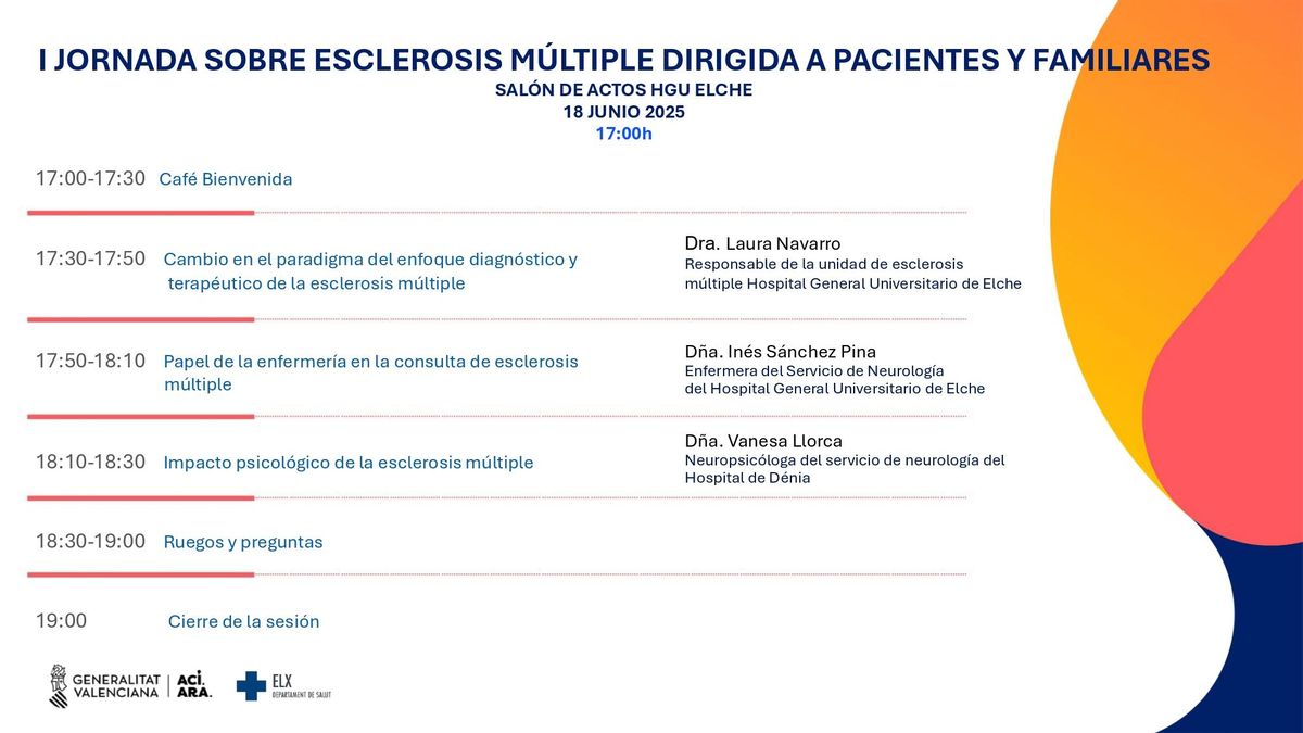 Programa de la jornada sobre esclerosis del Hospital General de Elche de este miércoles 18 de junio