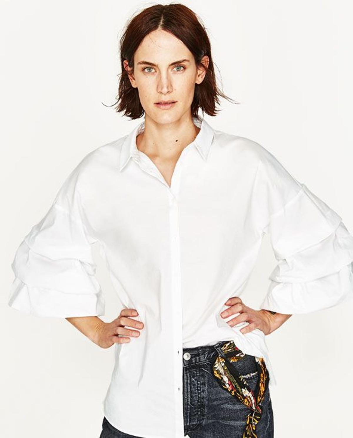 Camisa popelín manga pliegues, Zara