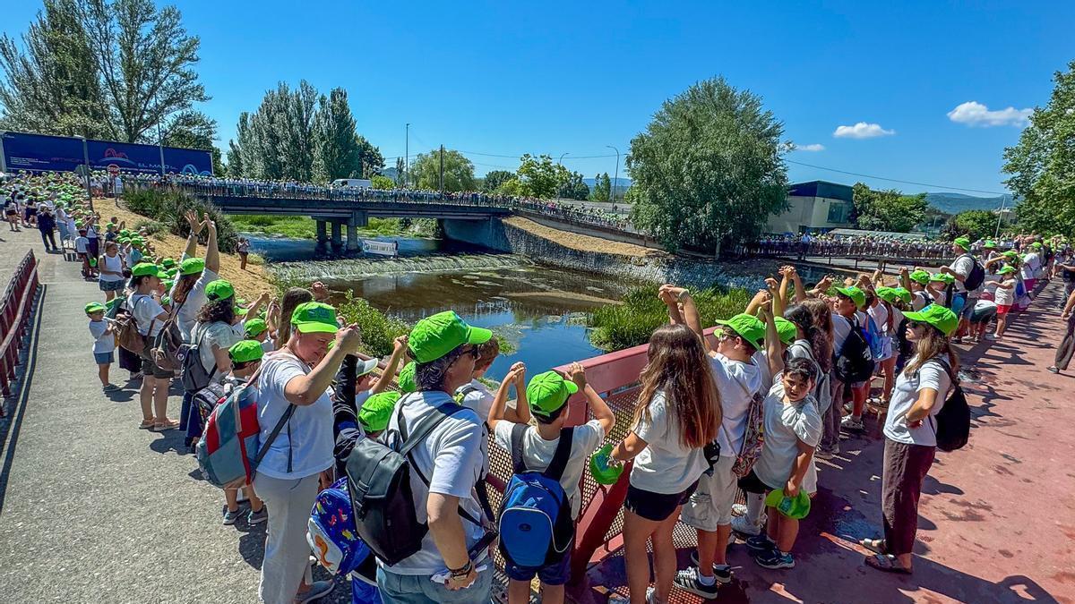 Los escolares, de distintos cursos y centros, se dieron la mano para abrazar el río Limia a su paso por Xinzo.