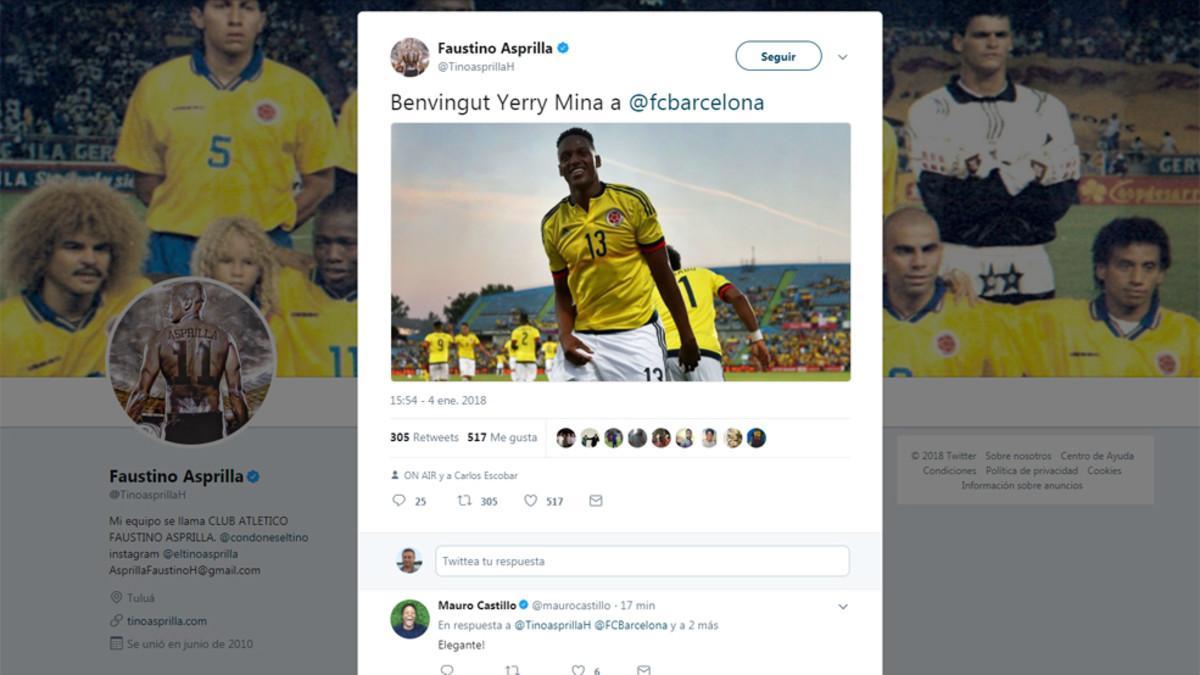 El mensaje de Asprilla en Twitter sobre el fichaje de Yerri Mina por el Barça no podía ser más contundente