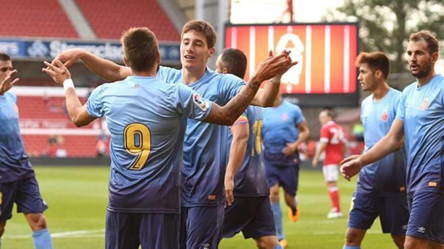 Els jugadors del Girona, festejant el 0-1.