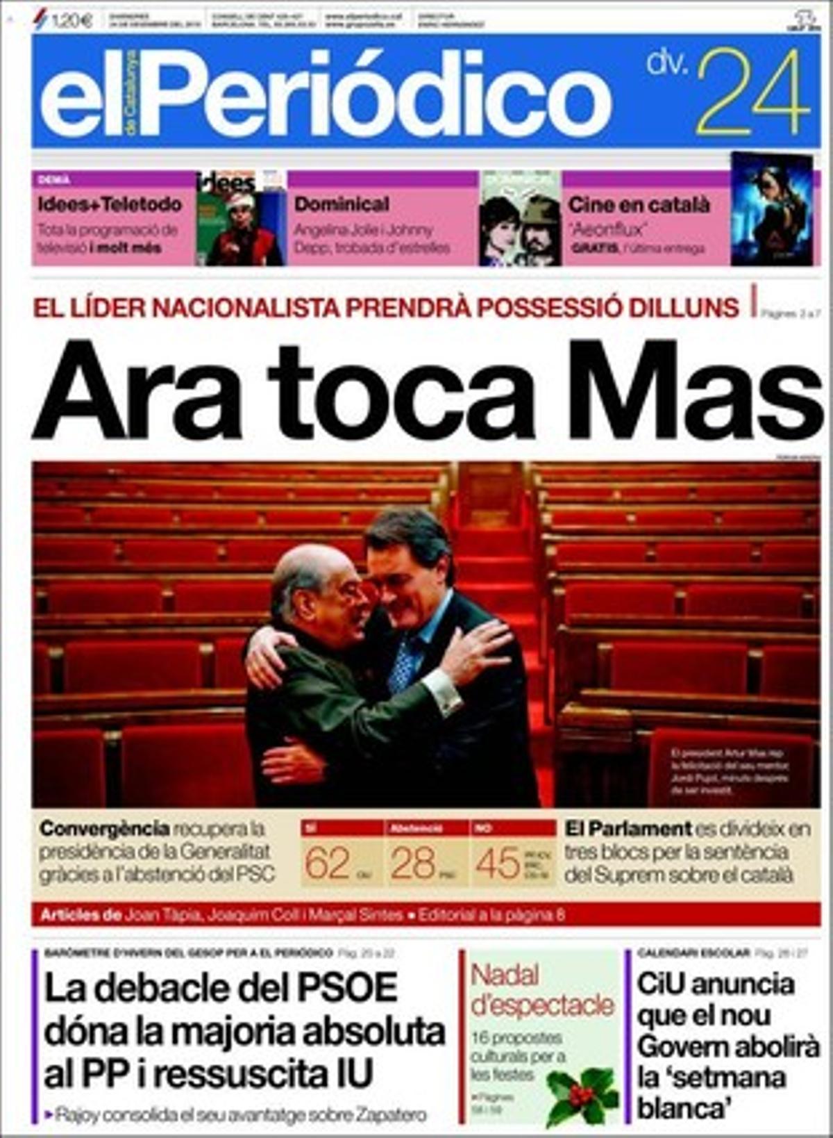 A més dels temes de portada, EL PERIÓDICO destaca que un descuit va causar la fuga de petroli a Tarragona; que un error en la senyalització va inutilitzar durant hores tres línies de Rodalies; que s’instal·la la primera càmera per frenar la droga a Trinitat Vella; que Barcelona reedita un fons econòmic per atraure actes estratègics; que el Ministeri d’Indústria retalla 4.600 milions en costos per frenar les alces de la llum; que la reestructuració de les caixes ja suma 13.100 prejubilacions a Espanya; que el Pacte de Toledo demana pensions per a les mestresses de casa; que Ryanair accepta seguir a Girona a canvi de rebre més ajudes; que Jorge Herralde ven Anagrama al seu amic Carlo Feltrinelli; que el Ministeri de Cultura crearà un arxiu literari amb el llegat de Carmen Balcells, i el comiat d’Iñaki Gabilondo de CNN+.