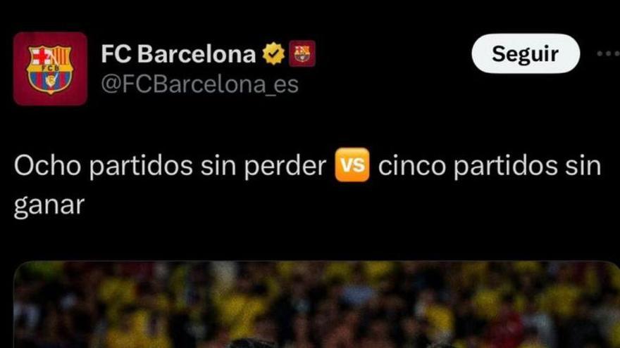 El tuit burlesco del Barça con la UD Las Palmas y las dinámicas: &#039;Ocho partidos sin perder versus cinco sin ganar&#039;