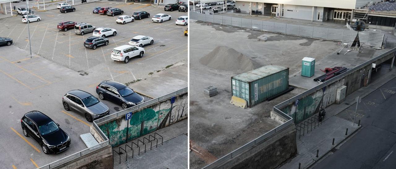 A l’esquerra, l’aparcament d’abans, i a la dreta, un cop amb la tanca que envolta el perímetre de l’obra amb el que queda de pàrquing al fons, tocant a l’estació d’autobusos