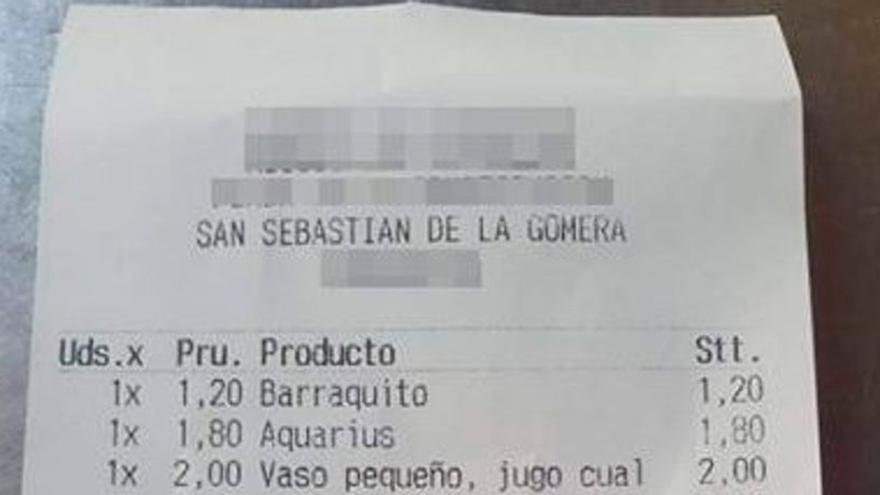 Cuenta cobrada por una cafetería en La Gomera que se ha viralizado. EL DÍA