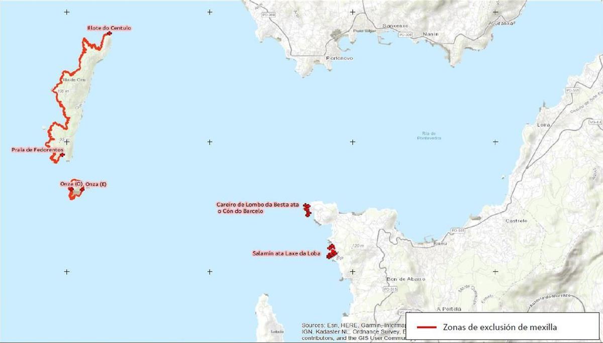 Mapa con las zonas de exclusión de mejilla en Bueu, que incluye zonas de Cabo Udra, Lagos y el exterior de Ons.