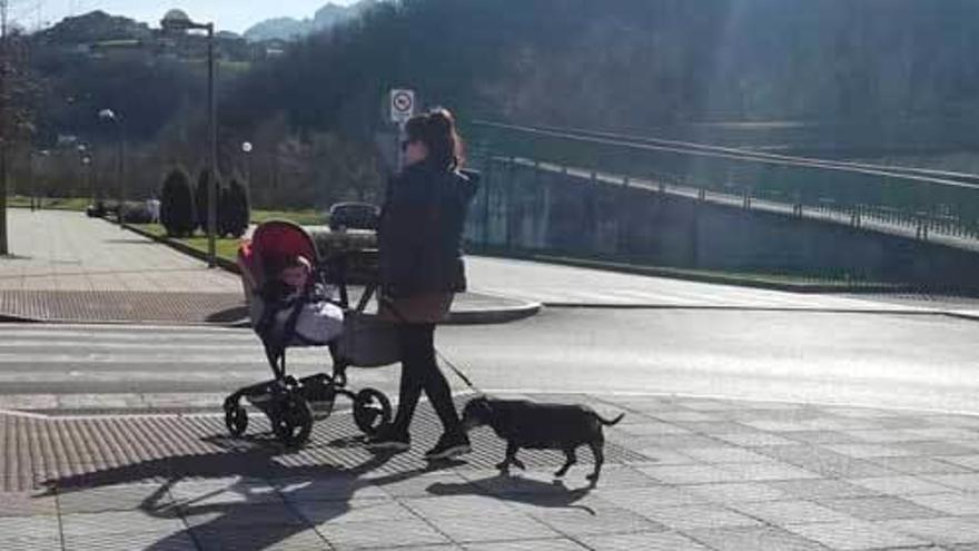 Una vecina pasea con su niño y su mascota por una calle de Laviana.