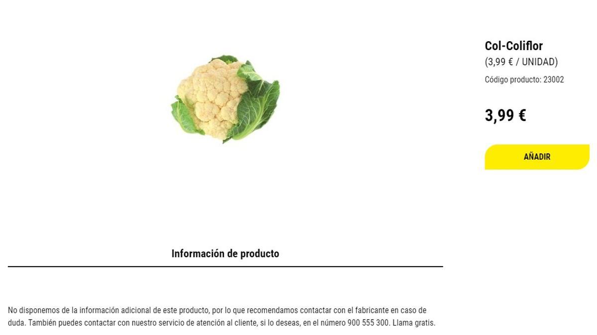 Una coliflor a la venta en la web de los supermercados BM.
