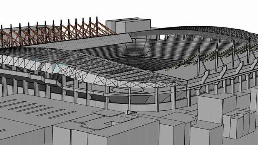 Estado actual de las cubiertas de Riazor, con los tirantes en el exterior y la visera en el interior.