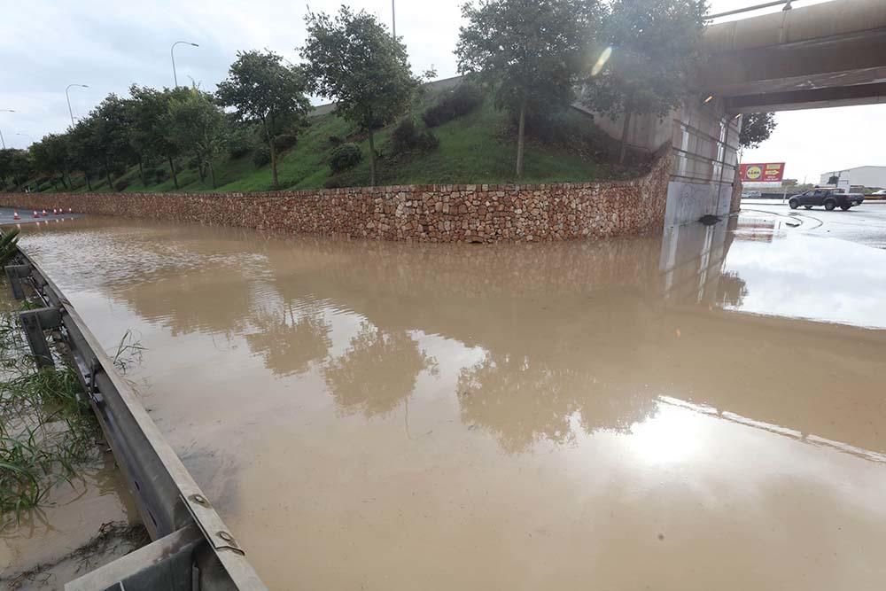 Rotonda de Pacha y Suministros Ibiza y torrente a su paso por Puig d'en Valls.