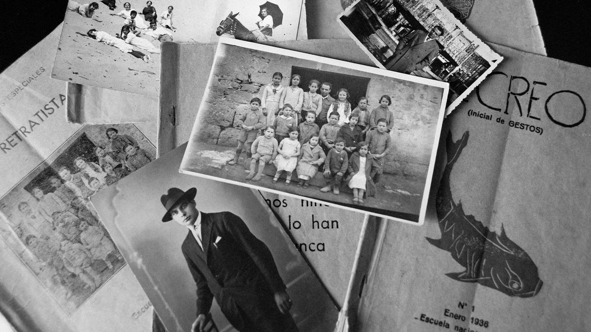 Antoni Benaiges, en varias fotos y con sus alumnos de Bañuelos de Bureba (Burgos), junto a los cuadernos que hicieron.