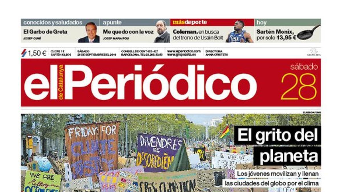 La portada de EL PERIÓDICO del 28 de septiembre del 2019.
